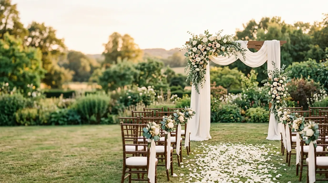 Outdoor ceremony arch draped in ivory silk and white roses at golden hour